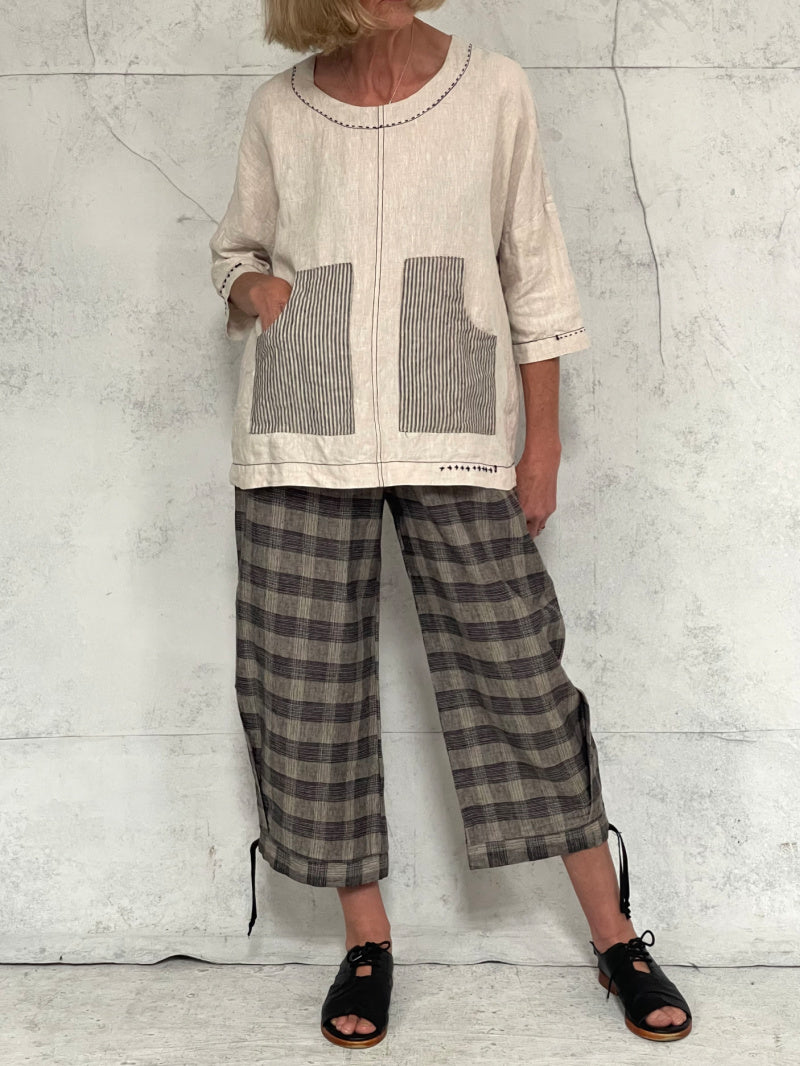 Harvest Top with New Front Pocket Detail in Natural Linen and Stripe Detail
