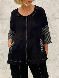 Harvest Top in Black Crinkle Linen with Sleeve and Pocket Detail (Now in 4 sizes Small is now smaller than last season)