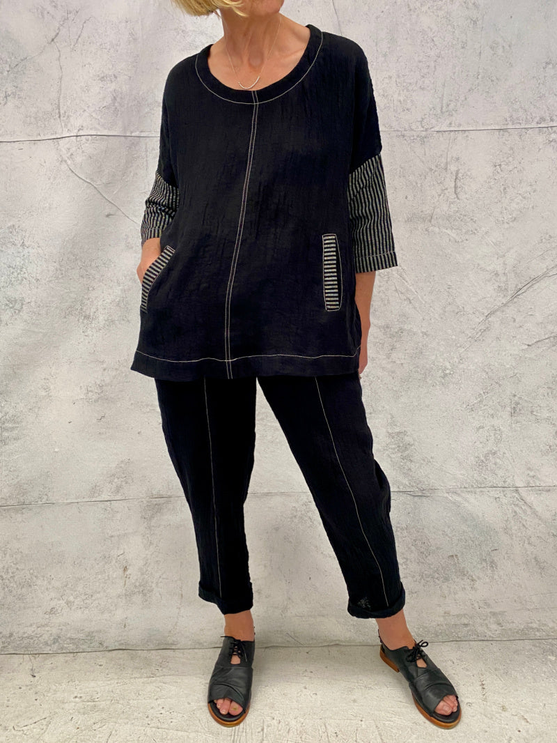 Harvest Top in Black Crinkle Linen with Sleeve and Pocket Detail (Now in 4 sizes Small is now smaller than last season)