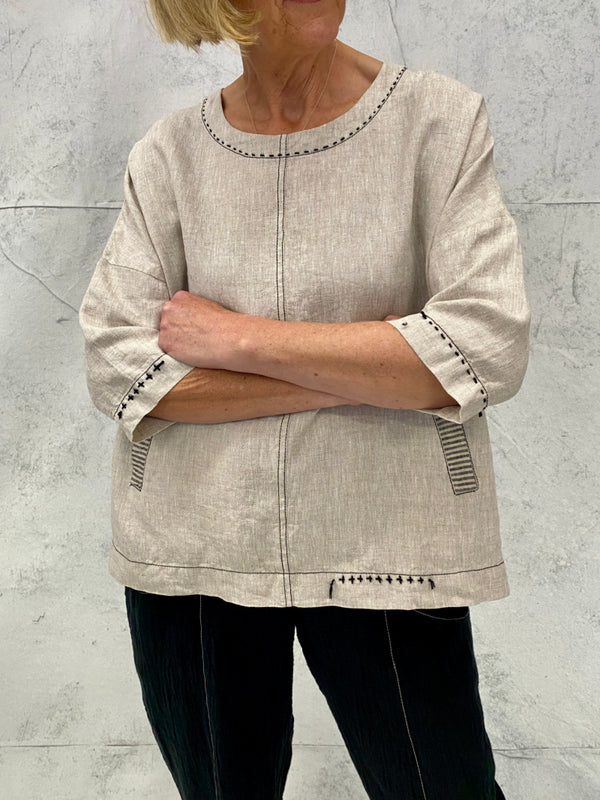 Harvest Top in Natural Linen with Hand Stitch and Pocket Detail (Now in 4 sizes Small is now smaller than last season)