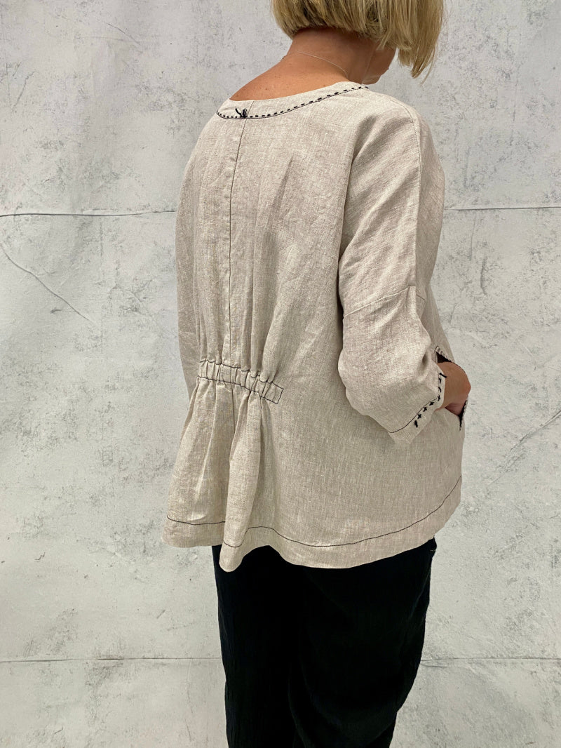 Harvest Top in Natural Linen with Hand Stitch and Pocket Detail (Now in 4 sizes Small is now smaller than last season)