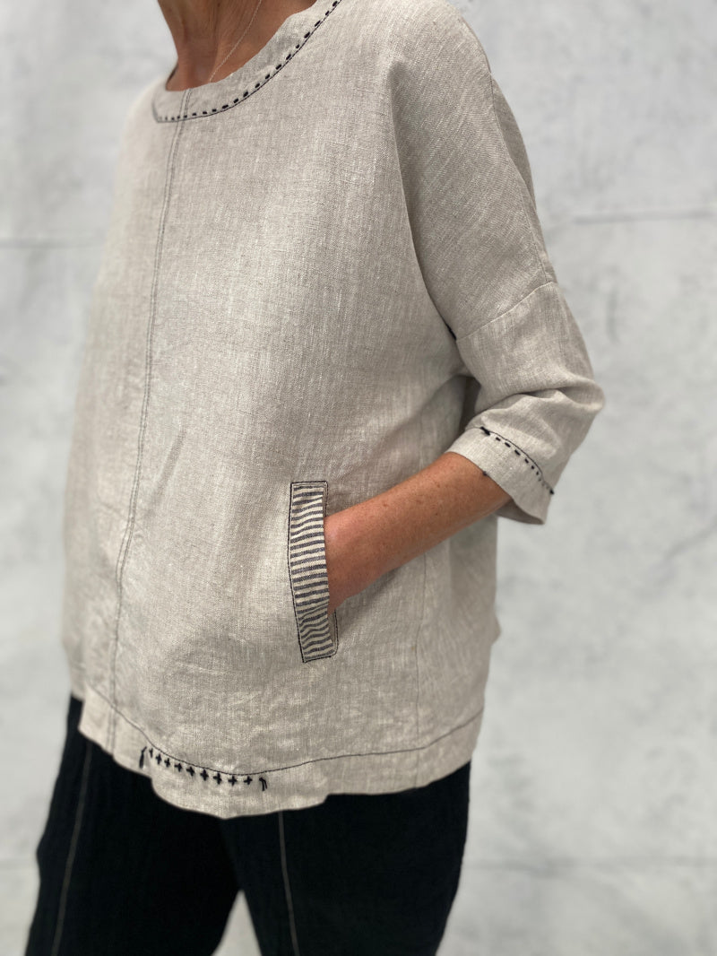 Harvest Top in Natural Linen with Hand Stitch and Pocket Detail (Now in 4 sizes Small is now smaller than last season)