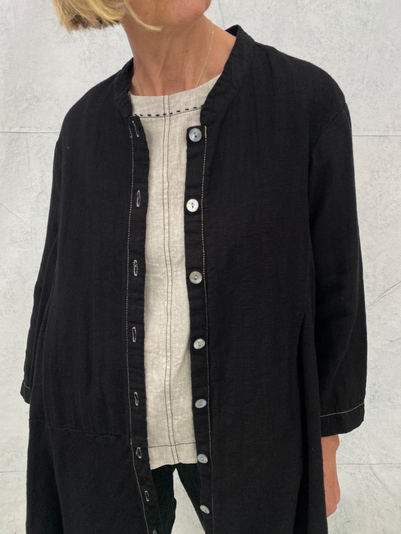 Florence Longline Shirt in Black Textured Linen and Black Hemp