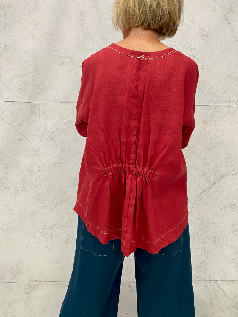 Harvest Top in Pomegranate Linen with Hand Stitch and Pocket Detail (Now in 4 sizes Small is now smaller than last season)