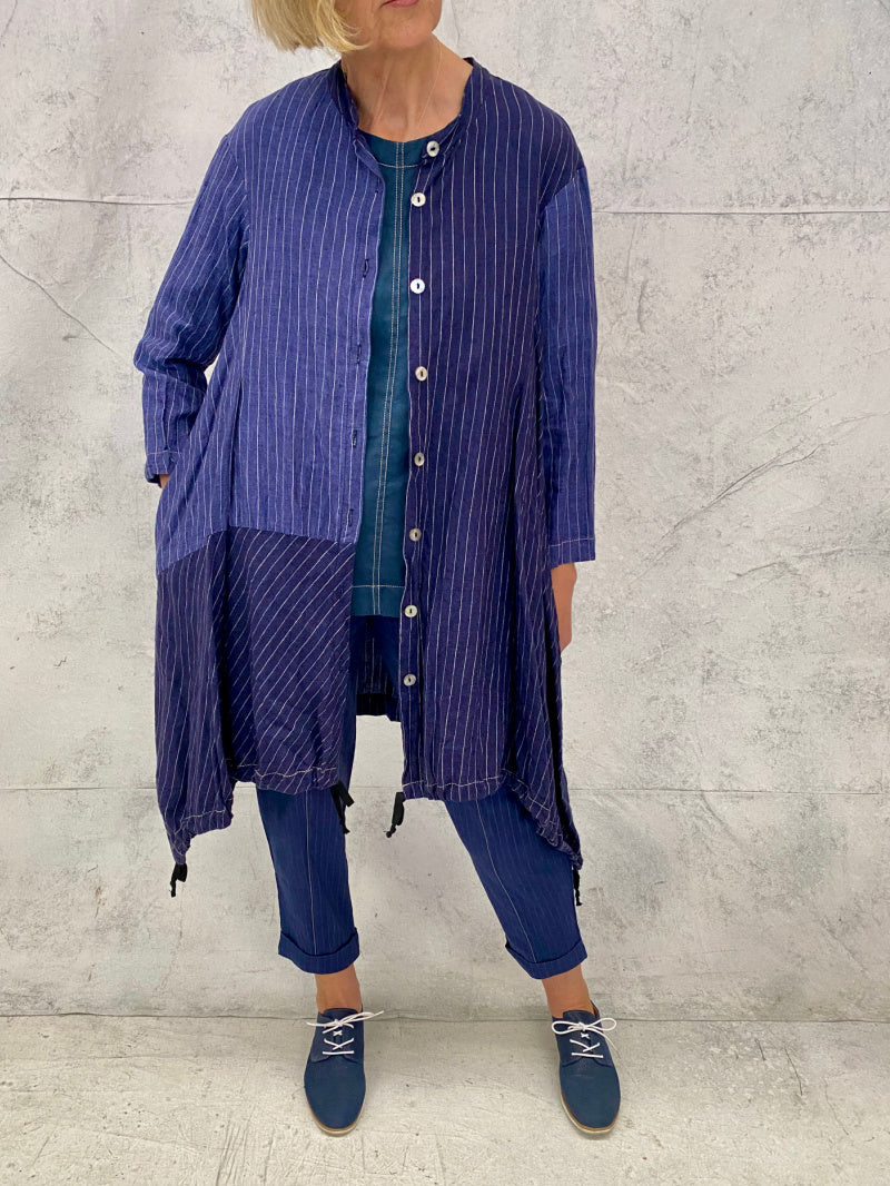 Florence Longline Shirt with Two Tones of Japanese Indigo Striped Linen