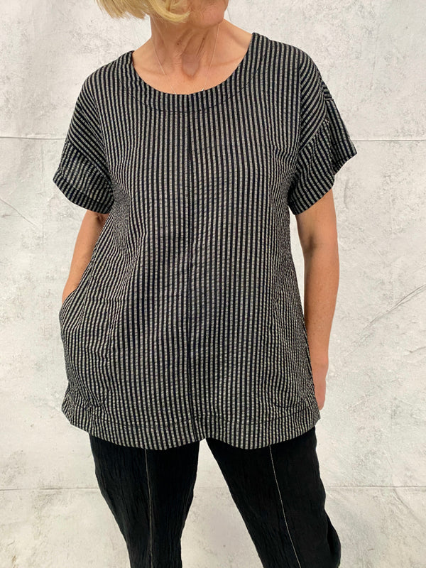 Luna Top in Black Striped Crinkle Cotton