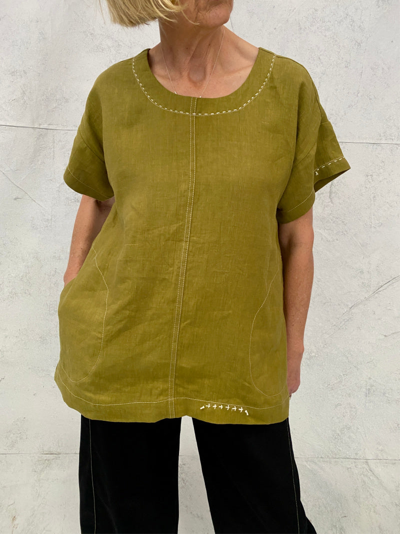 Luna Top in Jungle Linen with Hand Stitch Detail