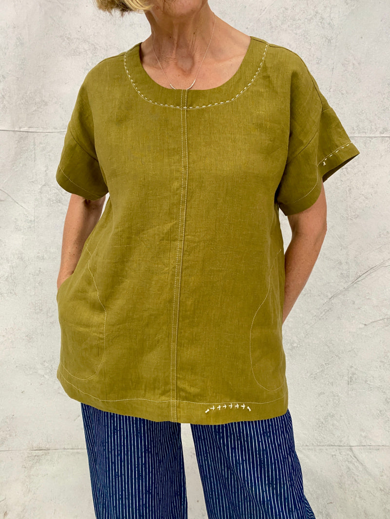 Luna Top in Jungle Linen with Hand Stitch Detail