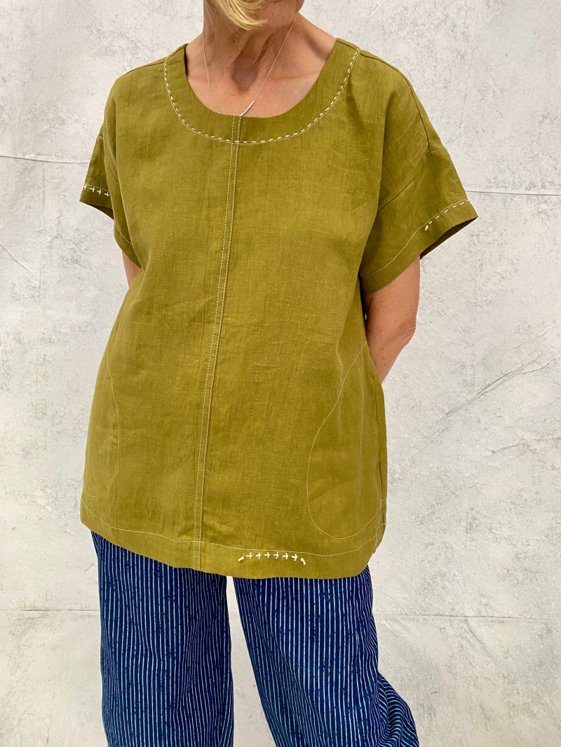 Luna Top in Jungle Linen with Hand Stitch Detail