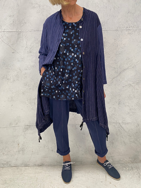 Florence Longline Shirt with Two Tones of Japanese Indigo Striped Linen