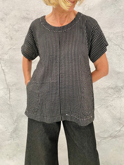 Luna Top in Black Striped Crinkle Cotton with Hand Stitch Detail