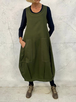 Maya Dress with New Front Pocket Detail in Forest Green Linen