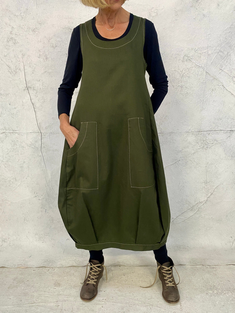 Maya Dress with New Front Pocket Detail in Forest Green Linen