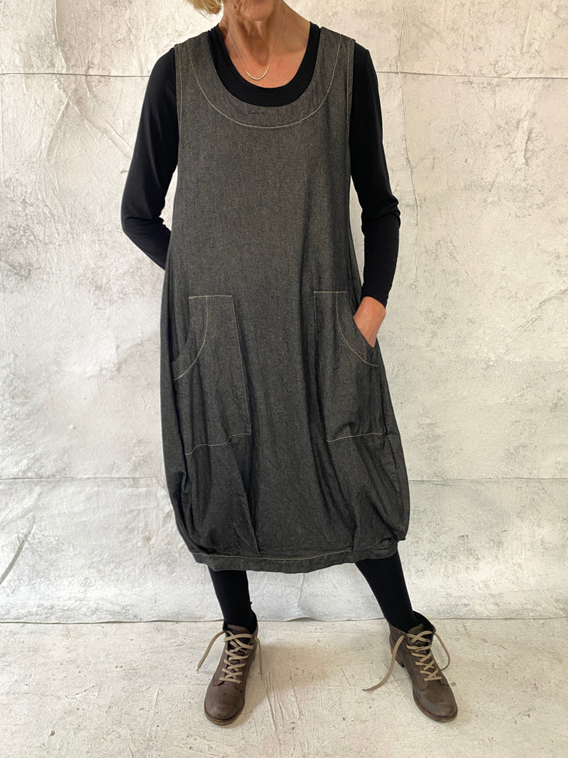 Maya Dress with New Front Pocket Detail in Soft Grey Denim (Slightly Shorter Length)
