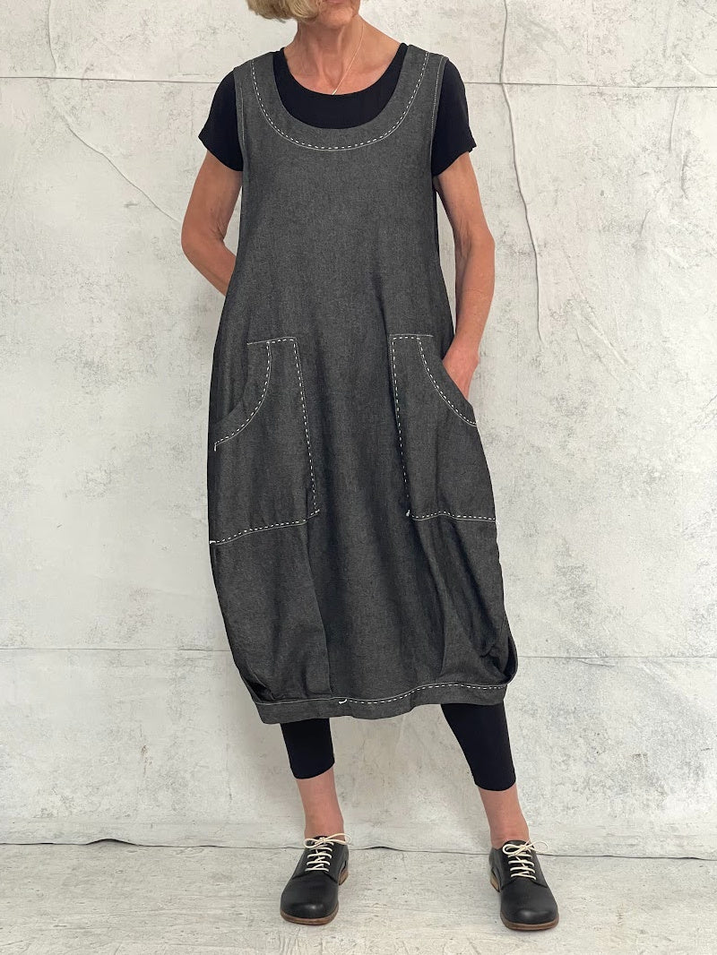 Maya Dress with New Front Pocket Detail in Soft Grey Denim with Hand Stitched Detail