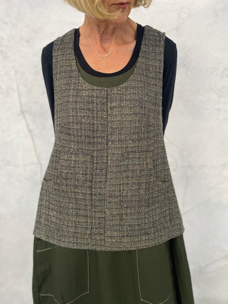 Hana Vest Fleck Wool Front with Contrast Forest Green Linen Back