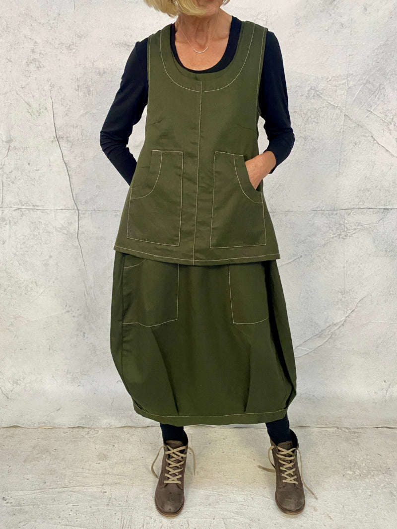 Maya Dress with New Front Pocket Detail in Forest Green Linen