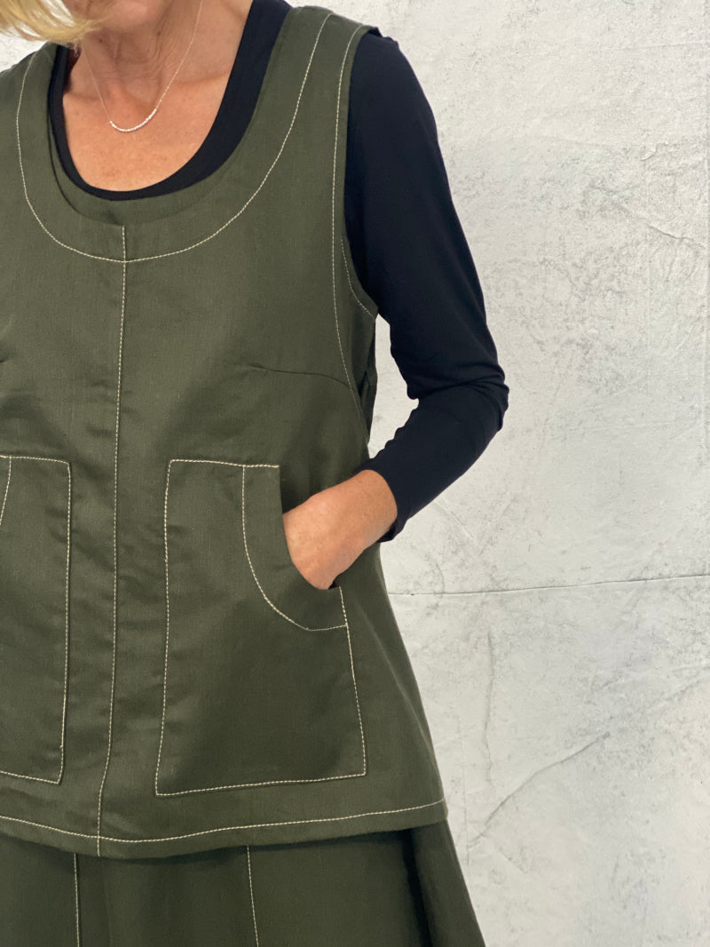 Maya Dress with New Front Pocket Detail in Forest Green Linen