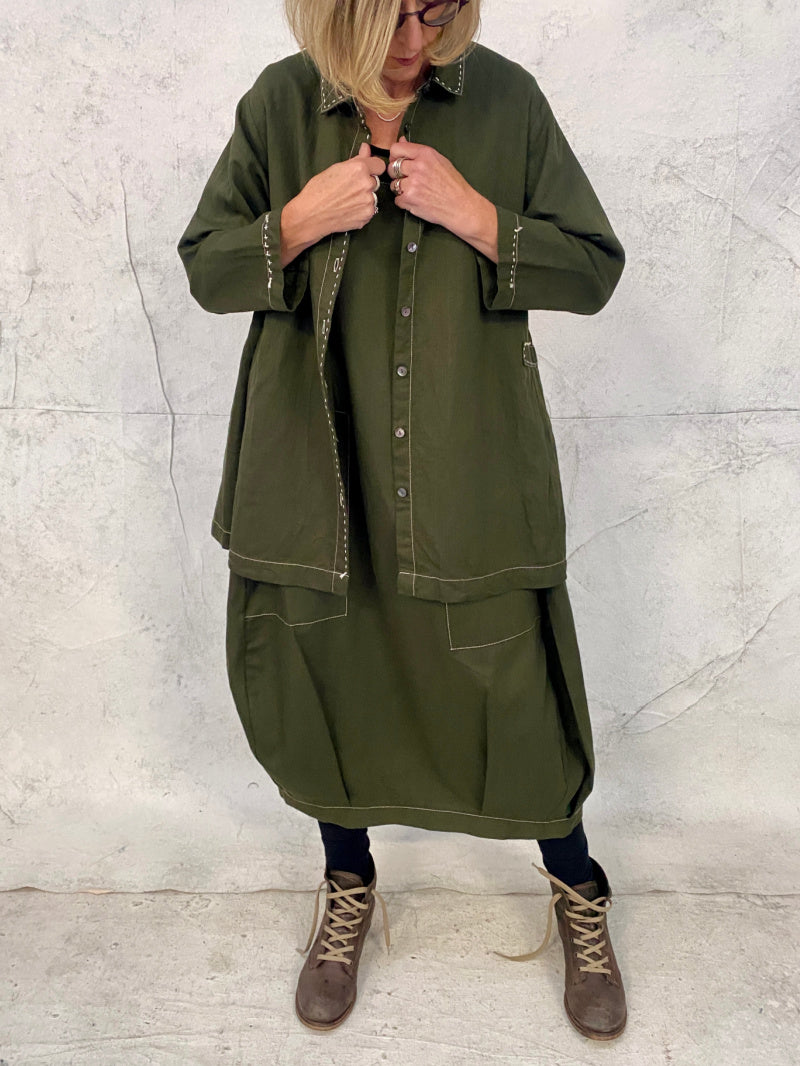 Maya Dress with New Front Pocket Detail in Forest Green Linen