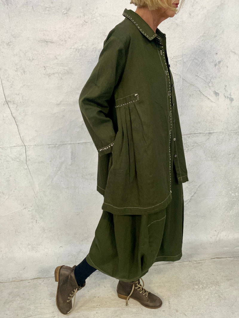 Maya Dress with New Front Pocket Detail in Forest Green Linen
