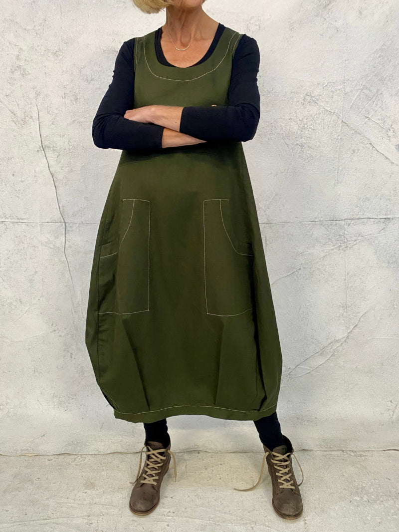 Maya Dress with New Front Pocket Detail in Forest Green Linen