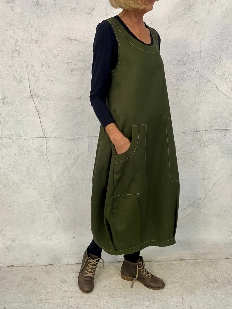 Maya Dress with New Front Pocket Detail in Forest Green Linen