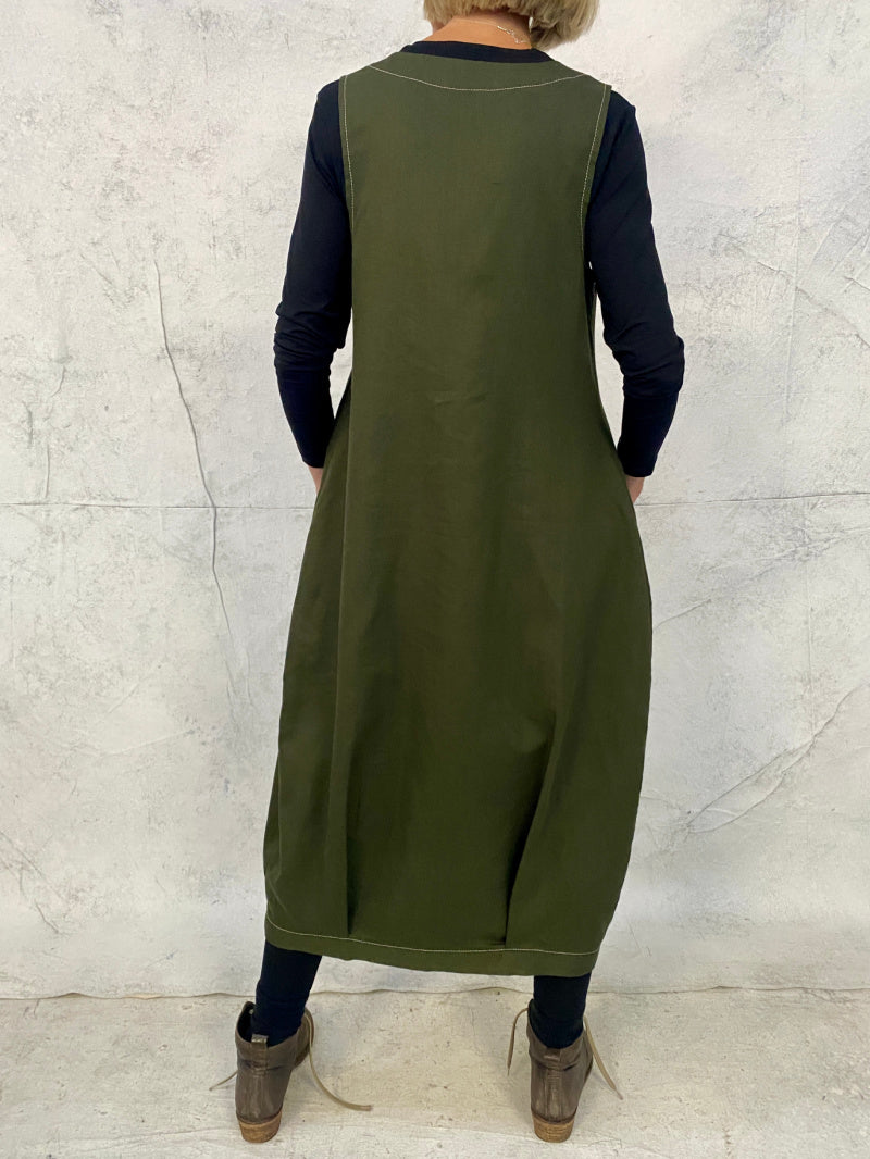 Maya Dress with New Front Pocket Detail in Forest Green Linen