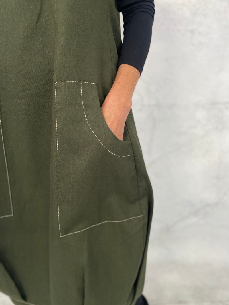 Maya Dress with New Front Pocket Detail in Forest Green Linen