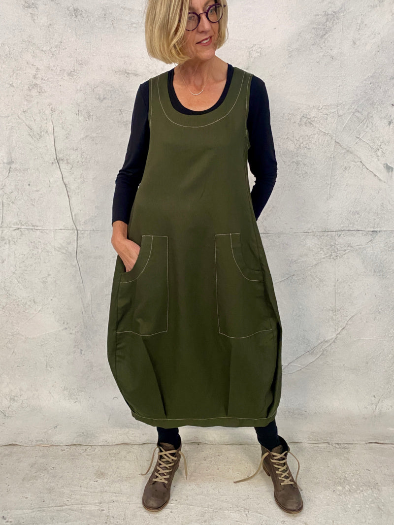 Maya Dress with New Front Pocket Detail in Forest Green Linen