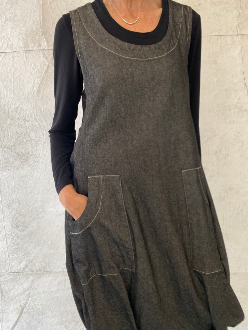 Maya Dress with New Front Pocket Detail in Soft Grey Denim (Slightly Shorter Length)