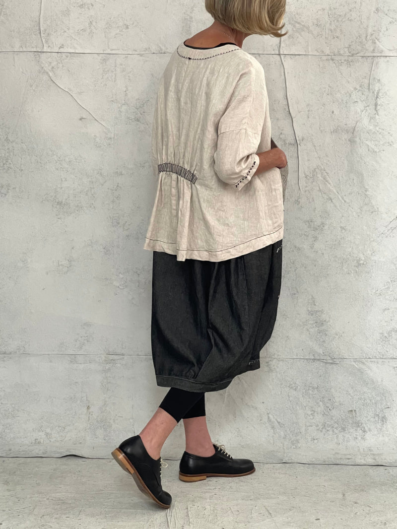 Maya Dress with New Front Pocket Detail in Soft Grey Denim with Hand Stitched Detail