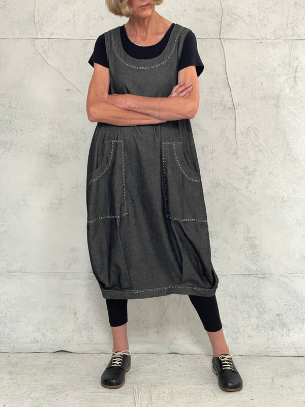Maya Dress with New Front Pocket Detail in Soft Grey Denim with Hand Stitched Detail