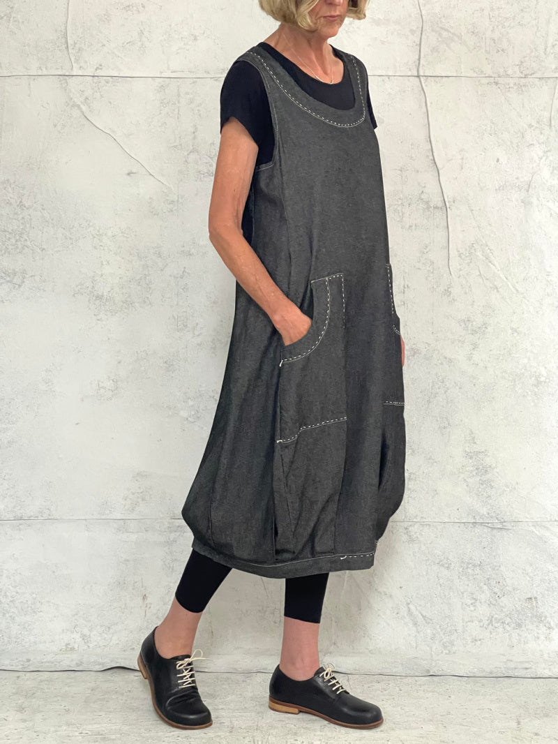 Maya Dress with New Front Pocket Detail in Soft Grey Denim with Hand Stitched Detail