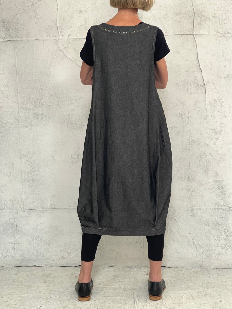 Maya Dress with New Front Pocket Detail in Soft Grey Denim with Hand Stitched Detail