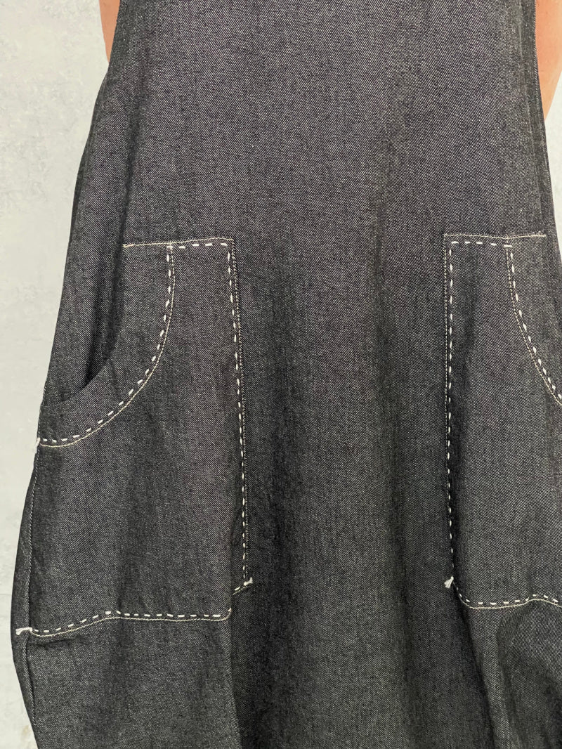 Maya Dress with New Front Pocket Detail in Soft Grey Denim with Hand Stitched Detail