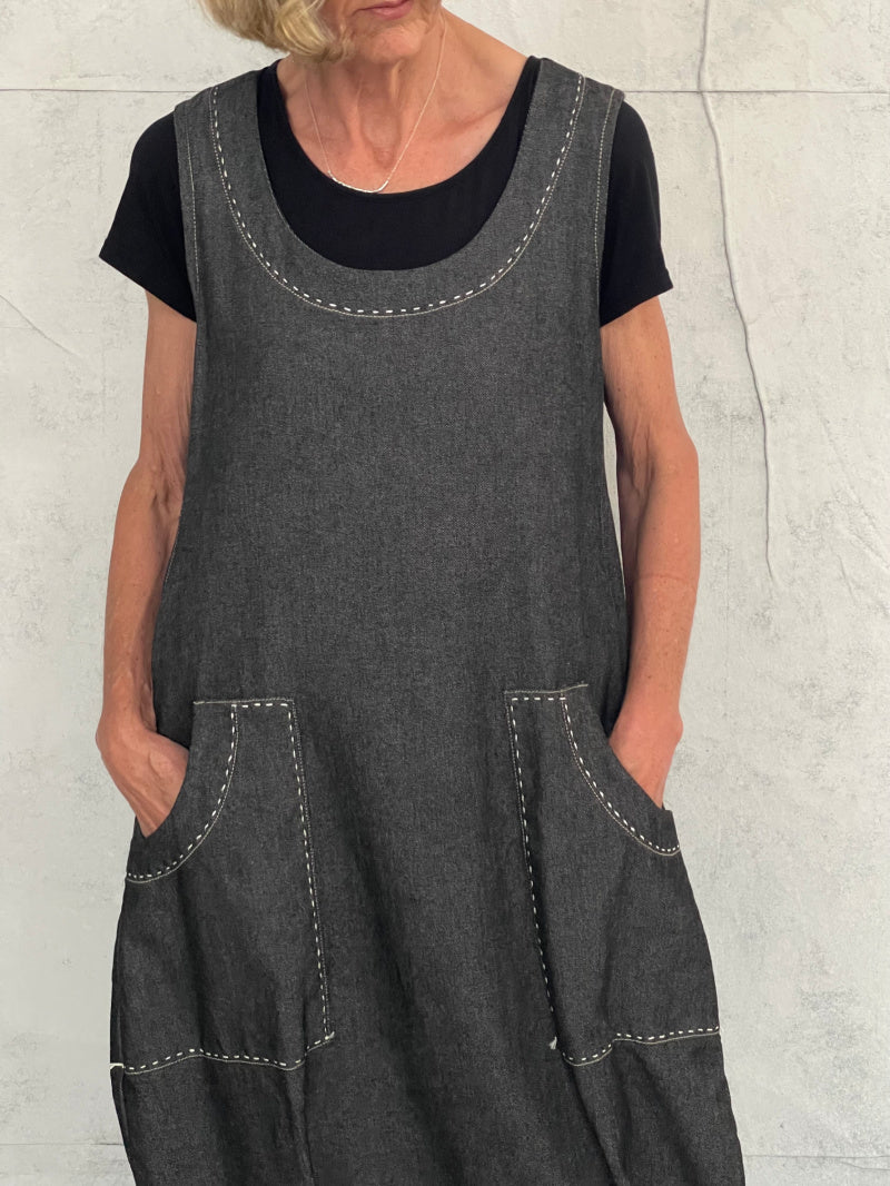 Maya Dress with New Front Pocket Detail in Soft Grey Denim with Hand Stitched Detail