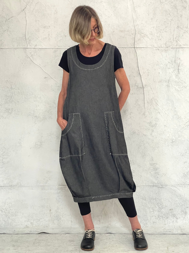 Maya Dress with New Front Pocket Detail in Soft Grey Denim with Hand Stitched Detail
