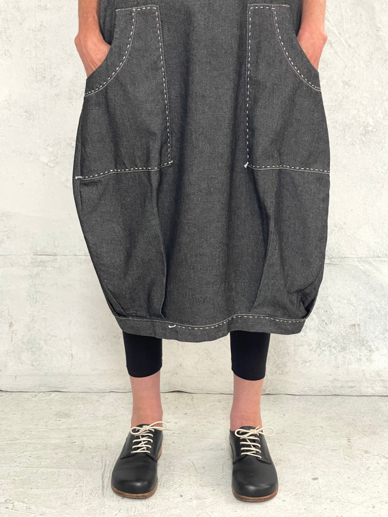 Maya Dress with New Front Pocket Detail in Soft Grey Denim with Hand Stitched Detail