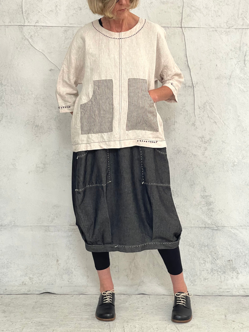 Maya Dress with New Front Pocket Detail in Soft Grey Denim with Hand Stitched Detail