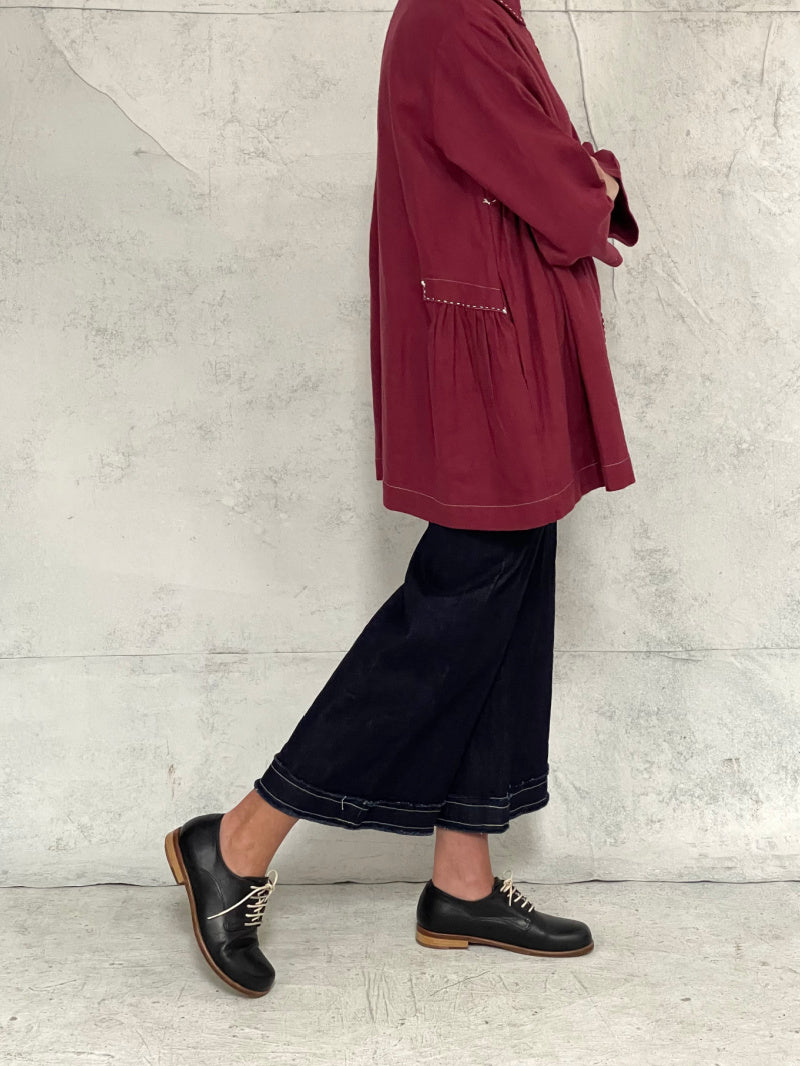 Mila Wide Leg Pant in Indigo Denim with Raw Hem and Natural Top Stitch Detail (New Japanese Raw Denim will initially transfer colour, please see washing instructions)