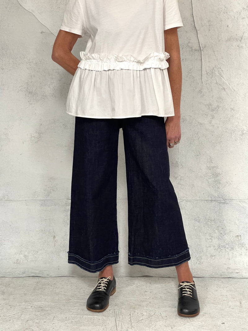 Mila Wide Leg Pant in Indigo Denim with Raw Hem and Natural Top Stitch Detail (New Japanese Raw Denim will initially transfer colour, please see washing instructions)