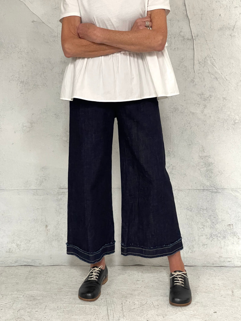 Mila Wide Leg Pant in Indigo Denim with Raw Hem and Natural Top Stitch Detail (New Japanese Raw Denim will initially transfer colour, please see washing instructions)