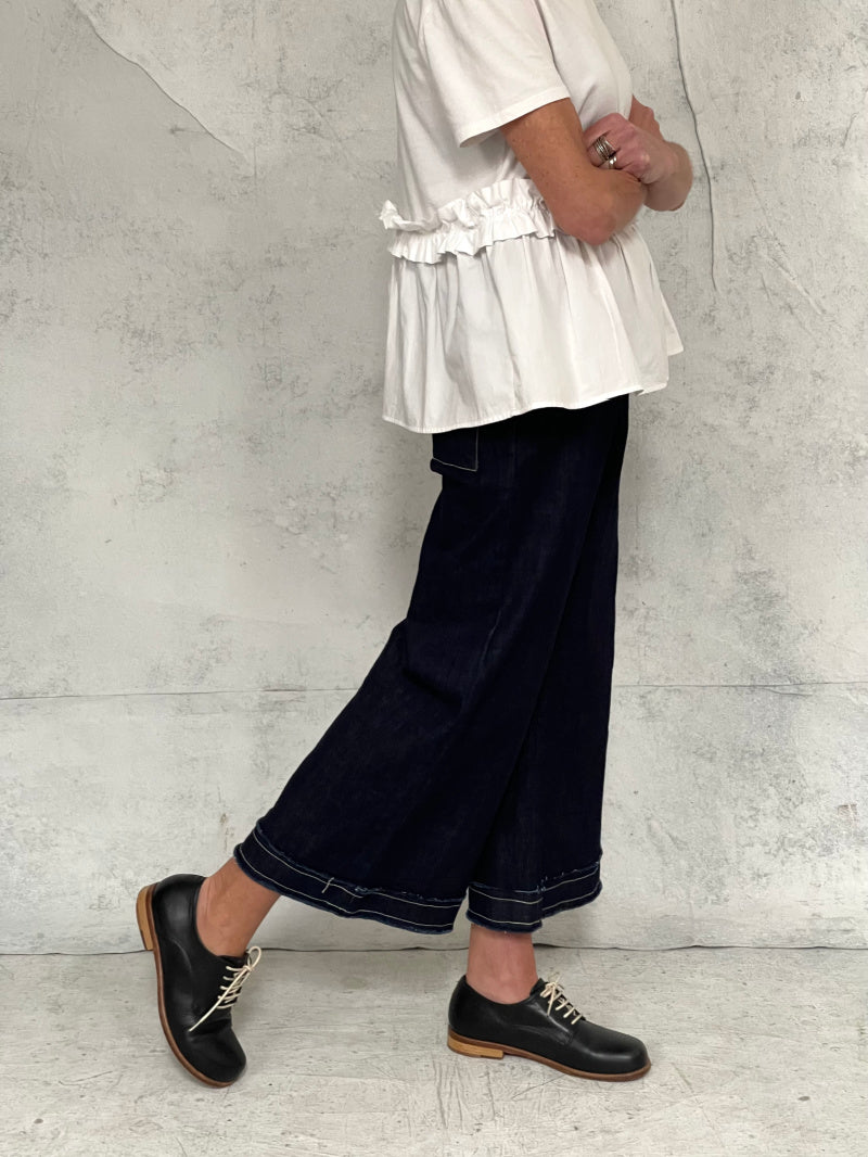 Mila Wide Leg Pant in Indigo Denim with Raw Hem and Natural Top Stitch Detail (New Japanese Raw Denim will initially transfer colour, please see washing instructions)