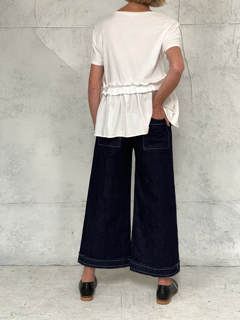 Mila Wide Leg Pant in Indigo Denim with Raw Hem and Natural Top Stitch Detail (New Japanese Raw Denim will initially transfer colour, please see washing instructions)