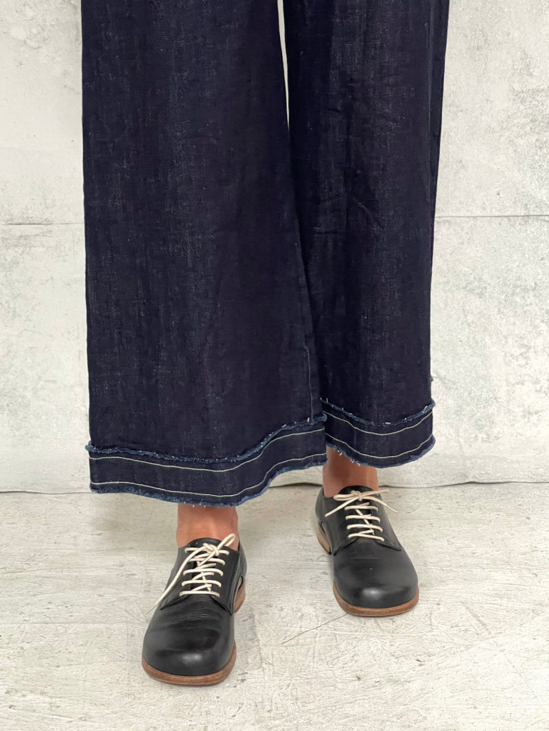 Mila Wide Leg Pant in Indigo Denim with Raw Hem and Natural Top Stitch Detail (New Japanese Raw Denim will initially transfer colour, please see washing instructions)