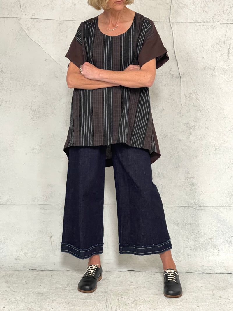 Mila Wide Leg Pant in Indigo Denim with Raw Hem and Natural Top Stitch Detail (New Japanese Raw Denim will initially transfer colour, please see washing instructions)