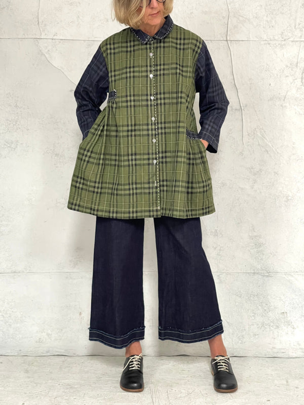 Mila Wide Leg Pant in Indigo Denim with Raw Hem and Natural Top Stitch Detail (New Japanese Raw Denim will initially transfer colour, please see washing instructions)