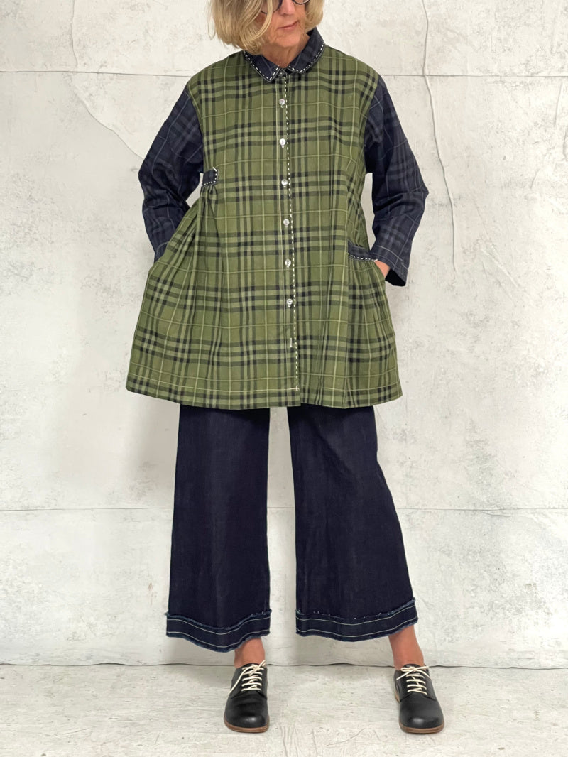 Mila Wide Leg Pant in Indigo Denim with Raw Hem and Natural Top Stitch Detail (New Japanese Raw Denim will initially transfer colour, please see washing instructions)