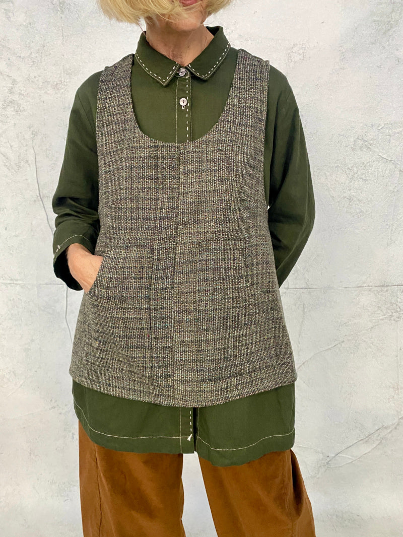 Hana Vest Fleck Wool Front with Contrast Forest Green Linen Back