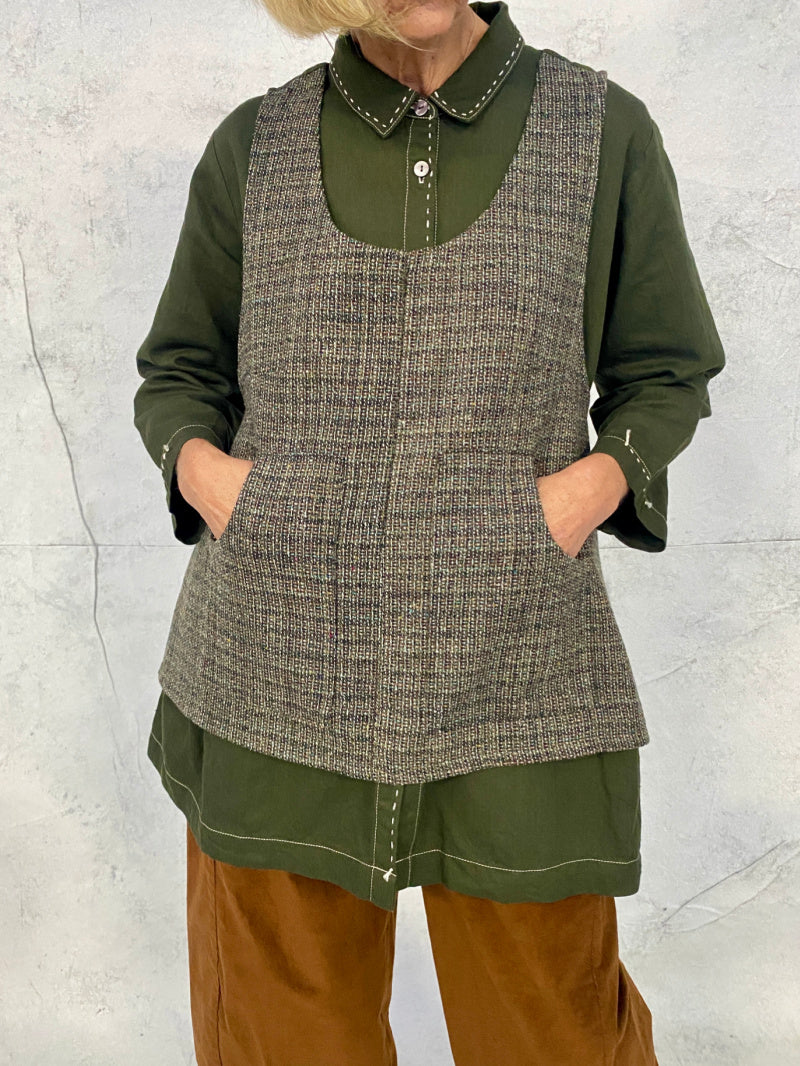 Hana Vest Fleck Wool Front with Contrast Forest Green Linen Back